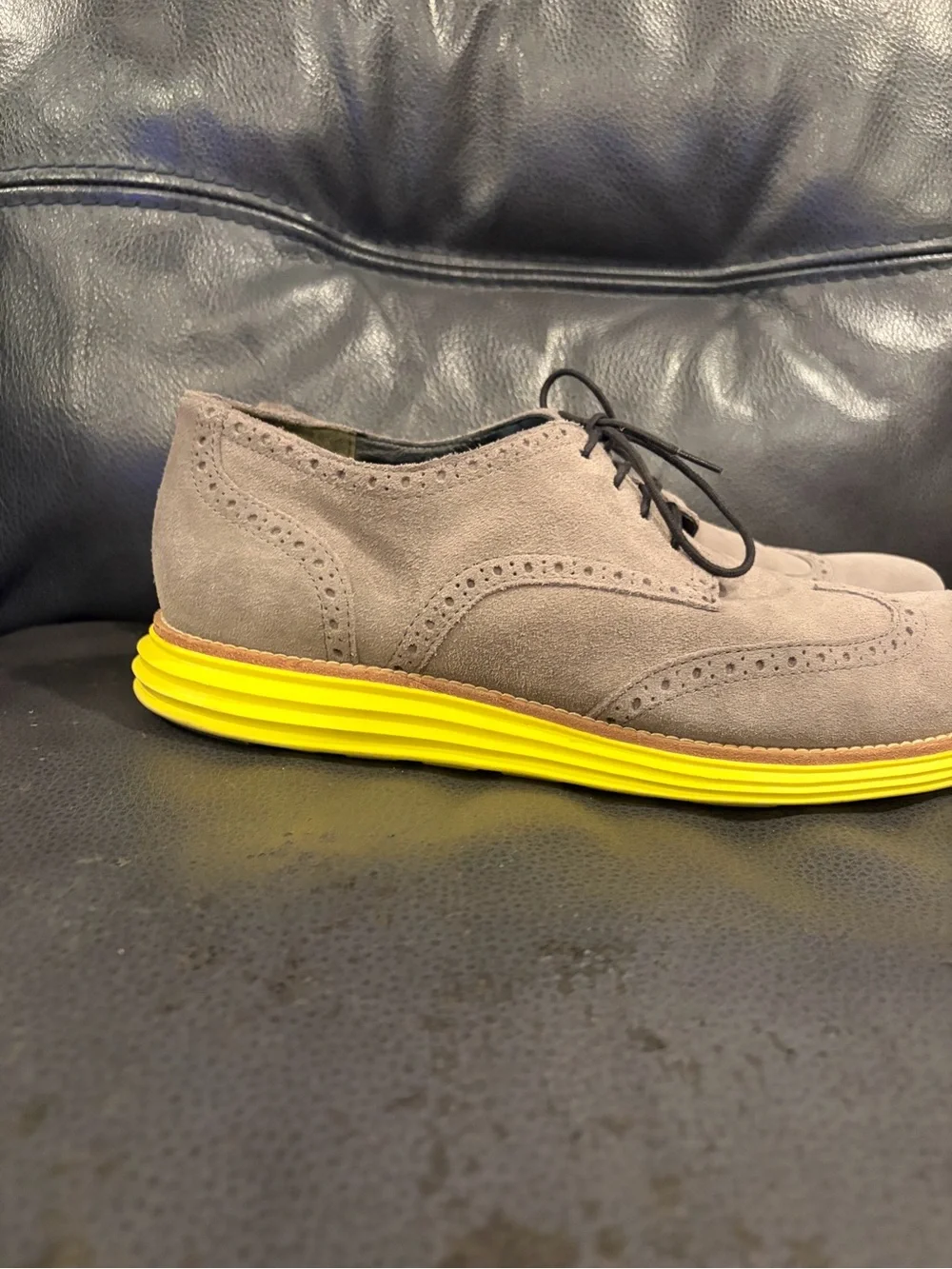 Cole Haan Grey Suede Wingtip Oxford with Yellow Sole